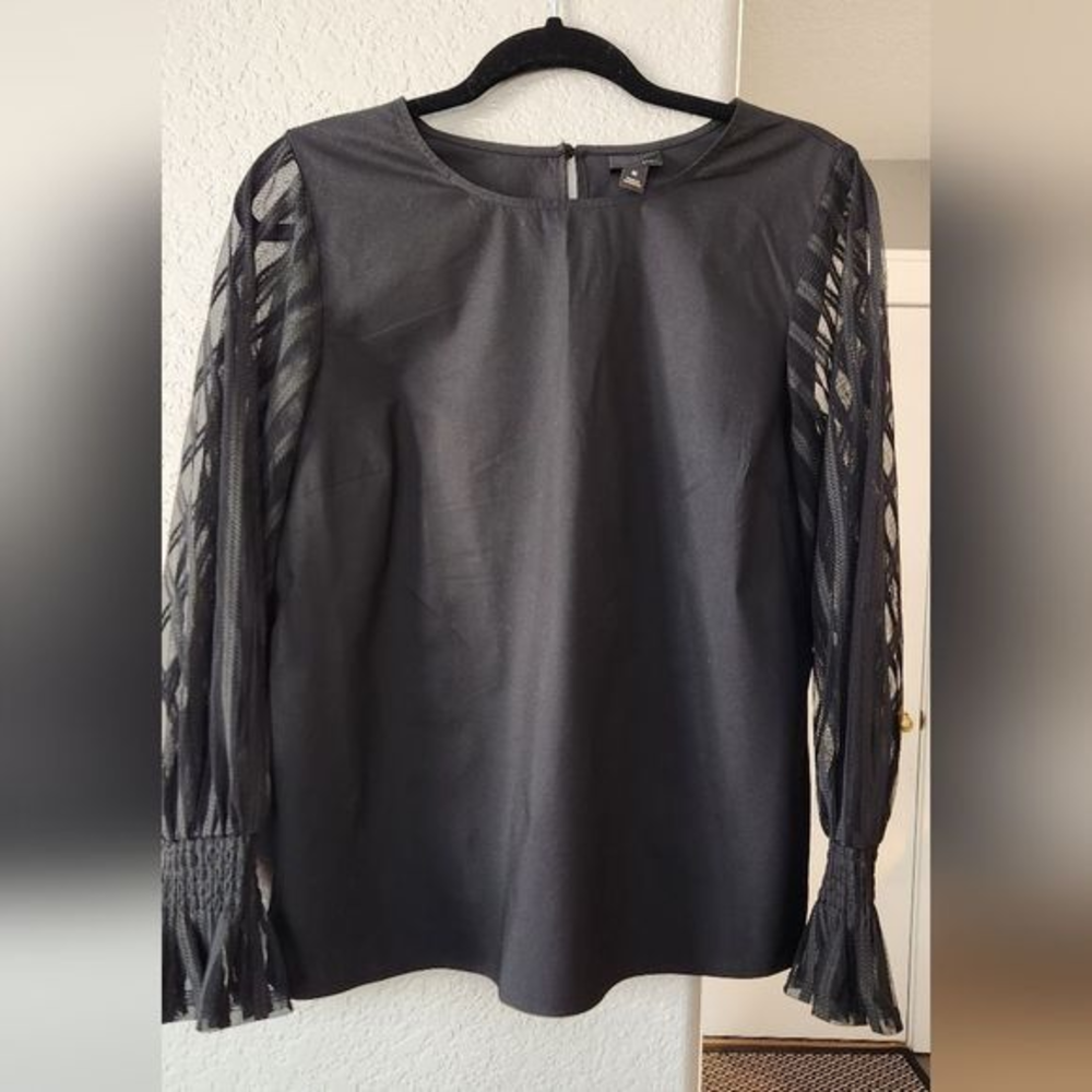 Worthington Black Blouse with Lace Sleeves, Size M